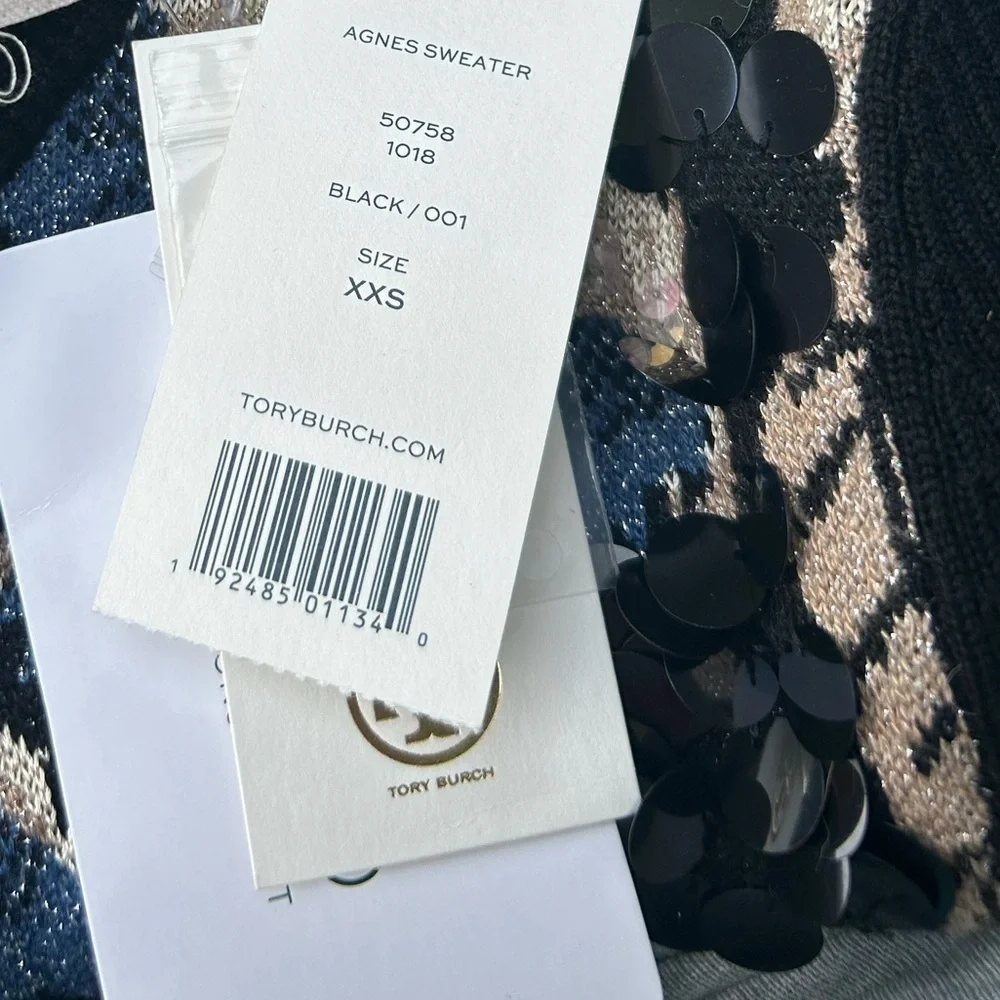 Tory Burch Agnes sequin merino wool black sweater xxs NWT